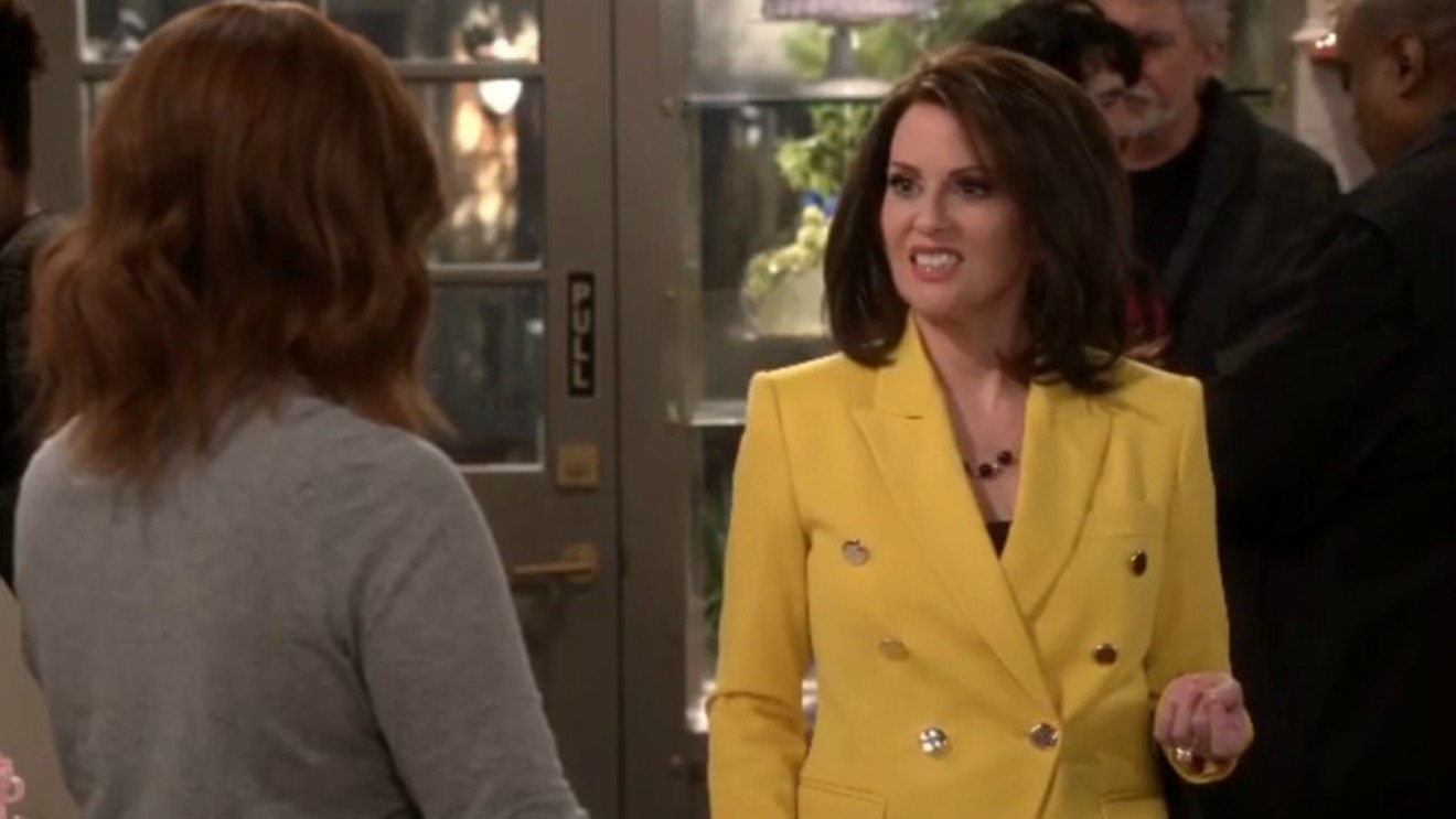 Megan Mullally, right, with guest star Vanessa Bayer in a scene from last night's Colorado gay wedding cake controversy-satirizing episode of Will & Grace.