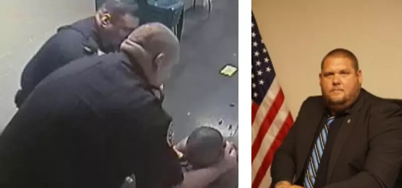 Image: A screen capture from video of Deputy Bret Garegnani getting rough with an inmate and a portrait from his LinkedIn page.