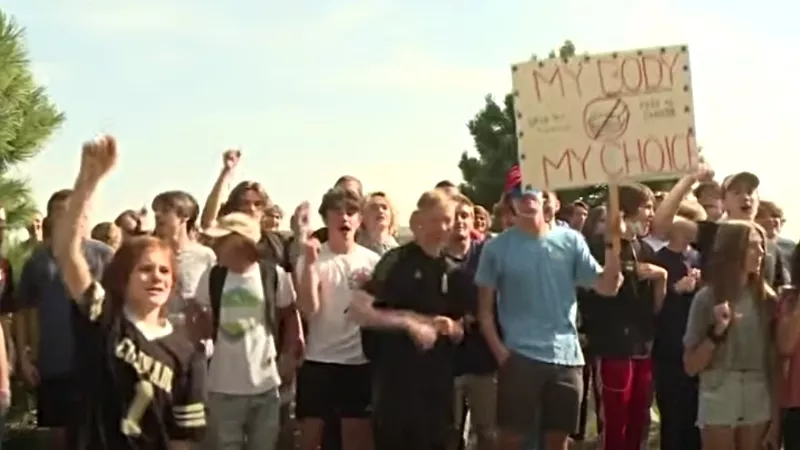 Image: A large group of students staged a walkout at Thunderridge High School in Highlands Ranch on September 1 to protest the district's mask mandate.