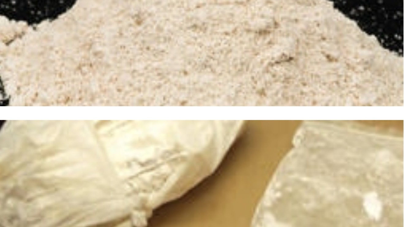 Drug Enforcement Administration photos of heroin (top) and fentanyl (bottom).