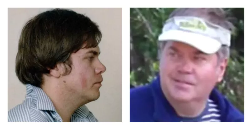 Image: A John Hinckley booking photo from 1981 and a candid screen capture from a 2019 report.