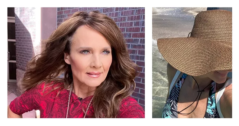 Image: Kathy Sabine channeling her inner superhero and at the beach, where she opts for shade, a triple layer of sunscreen and a wide-brimmed hat.