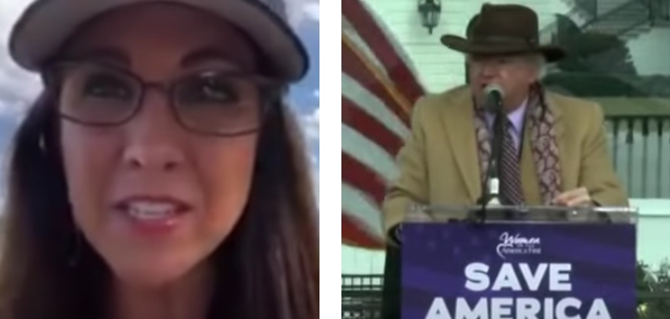Representative Lauren Boebert in an August video that featured slams on President Joe Biden and the phrase "I am sad and I am pissed," and John Eastman speaking at the January 6 rally before the attack on the U.S. Capitol.