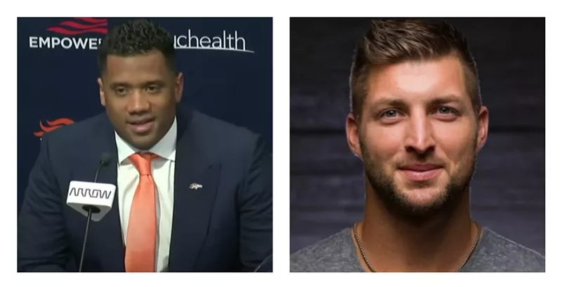 Image: Russell Wilson at his introductory Denver Broncos press conference on March 16 and a portrait of Tim Tebow.