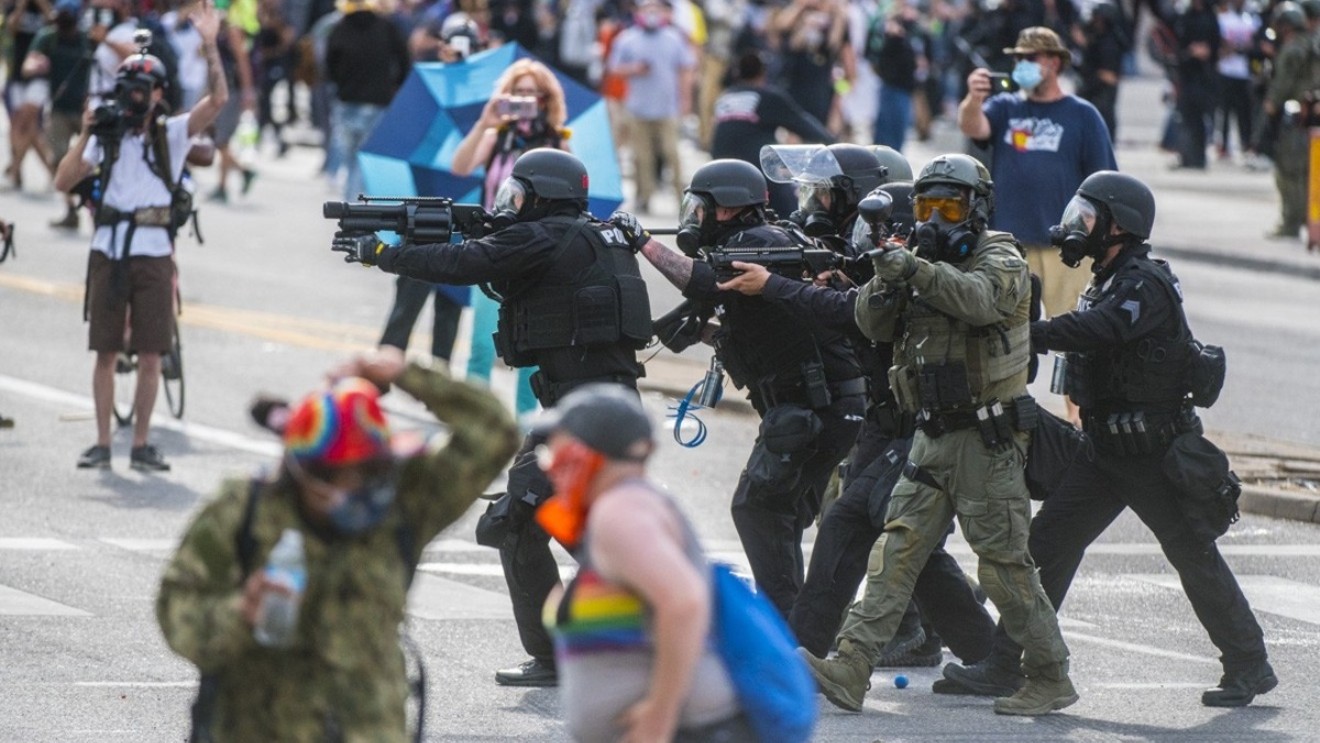 An image from the May 30, 2020 Westword slide show "Curfew, Law Enforcement Clear Out Protesters on Day Three."