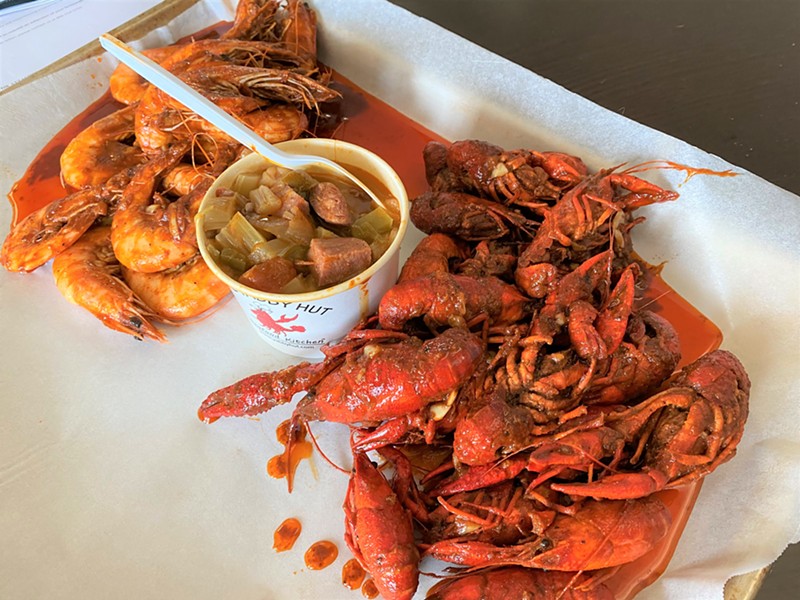 Peel-and-eat crawfish and shrimp make for good, messy fun at the Yabby Hut.