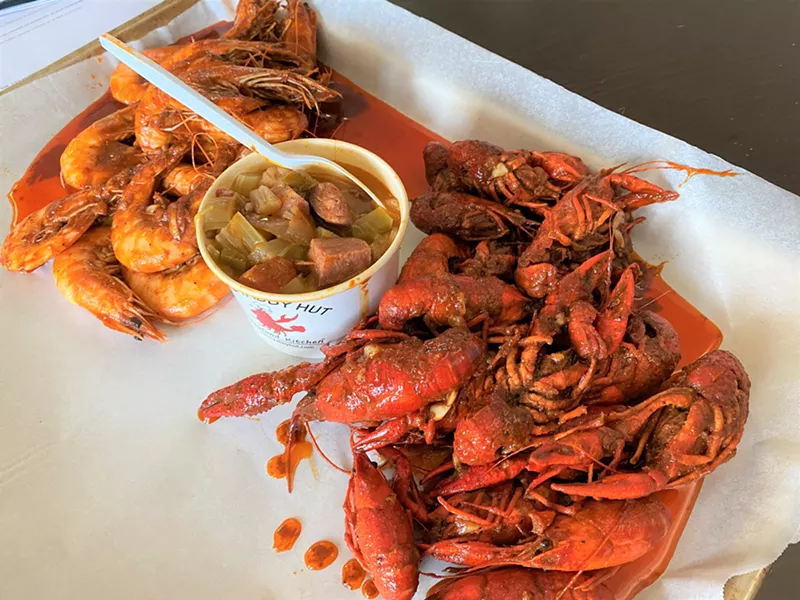 Image: Peel-and-eat crawfish and shrimp make for good, messy fun at the Yabby Hut.