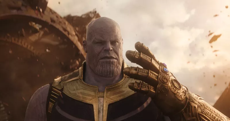 Image: A motion-capture facsimile of Josh Brolin appears as Thanos, Avengers: Infinity War's brooding purple titan who, as the greatest villain in the universe, aims to blink away half the population of existence.
