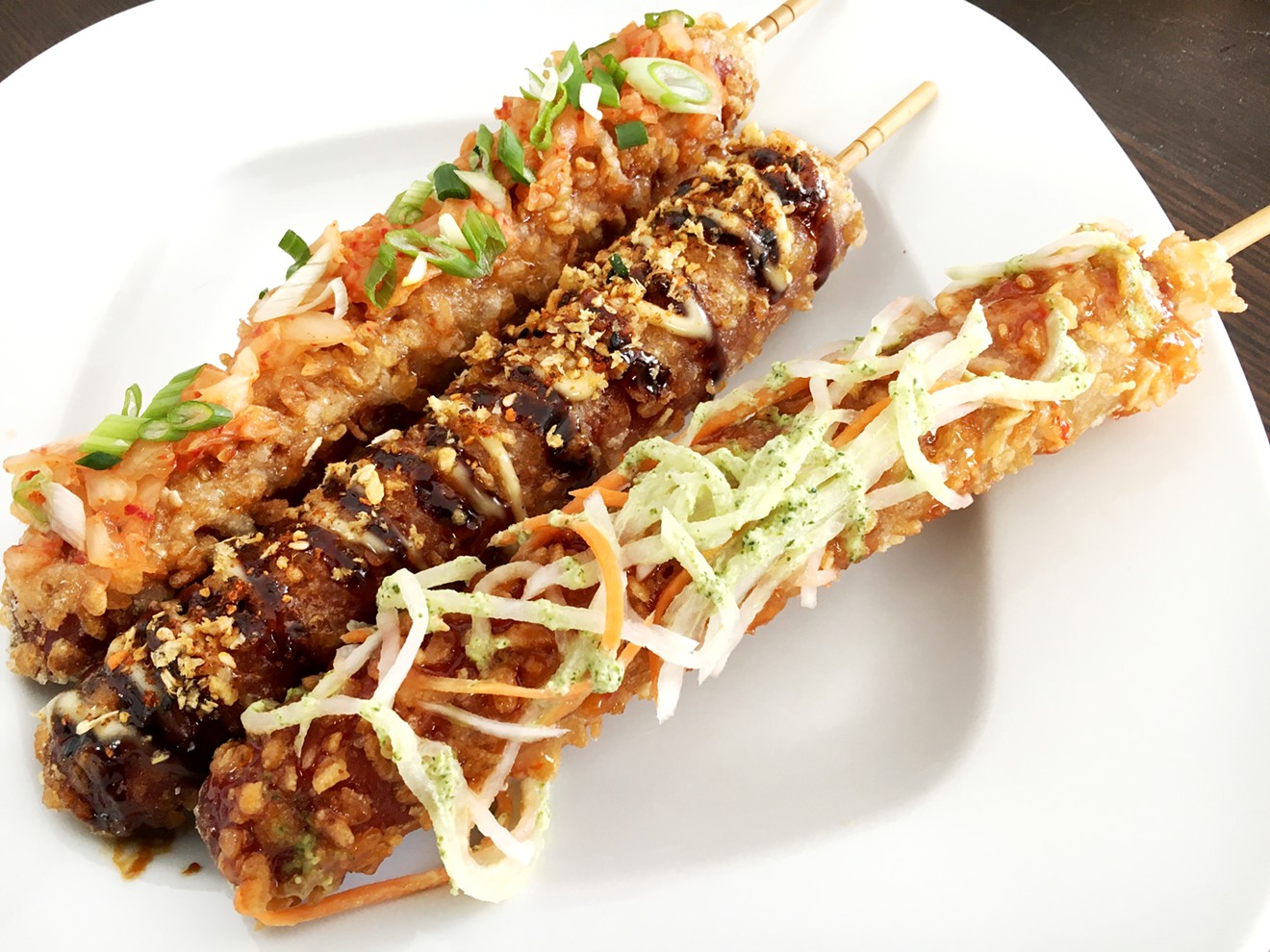 The rice crunch dogs at Mama's Noodle Cafe come in three styles: Seoul, Tokyo and Saigon.